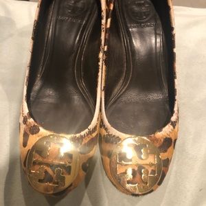 Tory Burch leopard print calf hair reva wedge